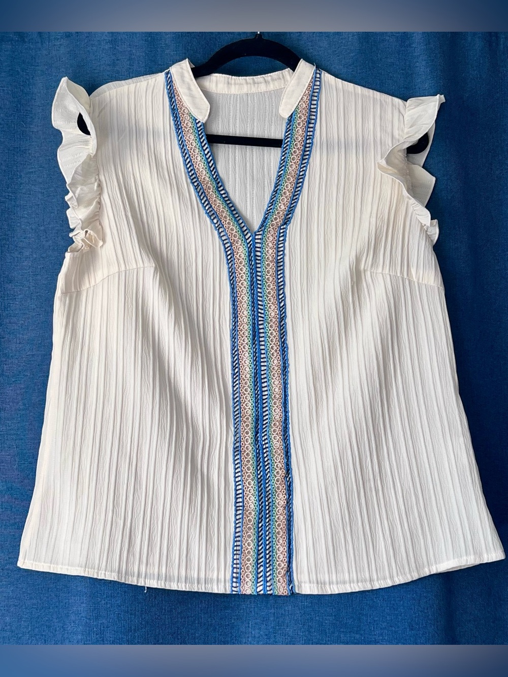 Cream Sleeveless V-Neck Camisole with Blue Embroidered Trim